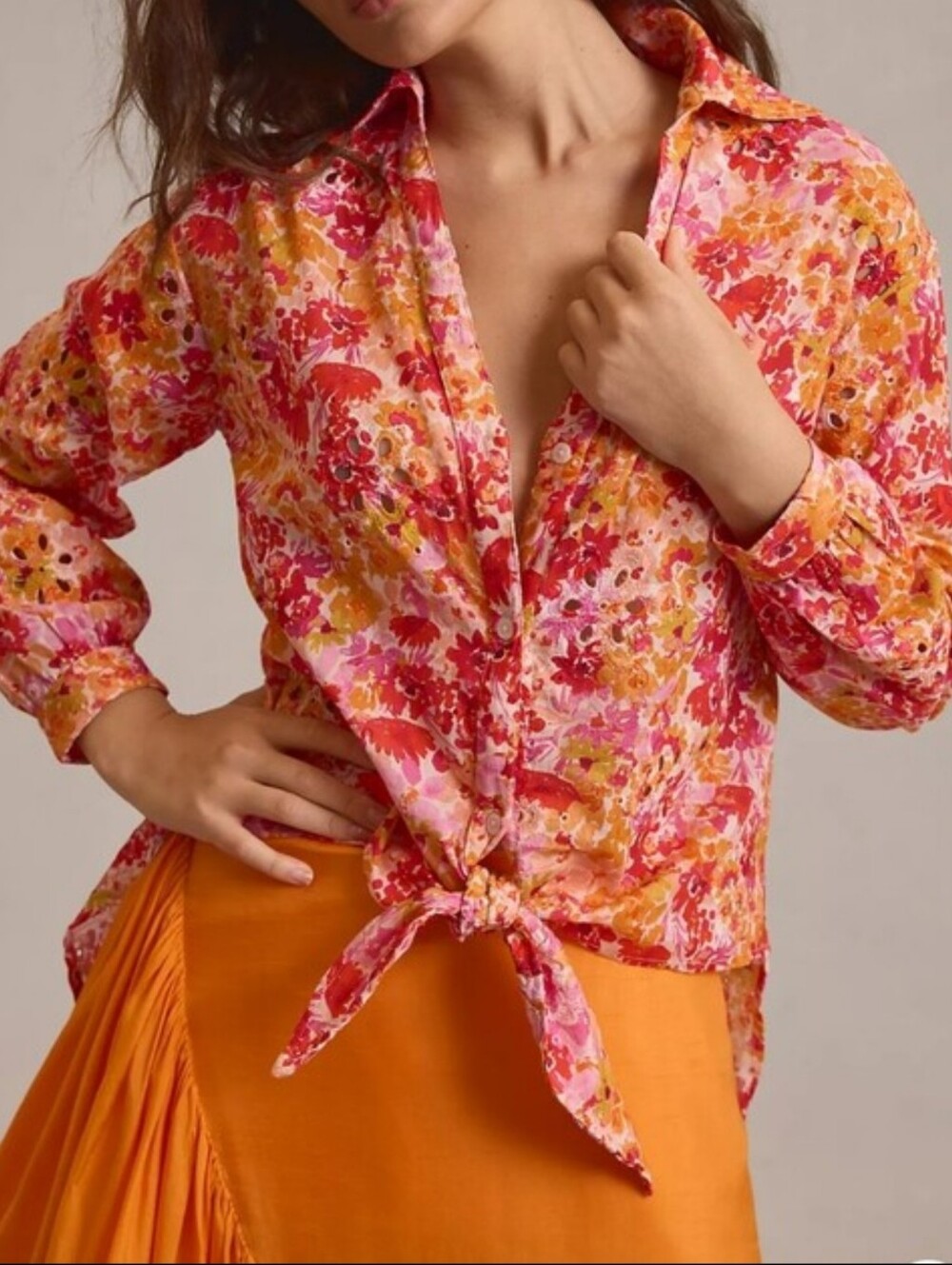 Anthropologie ✨️ Floral Tie-Front Longline Eyelet Women's Blouse Size S